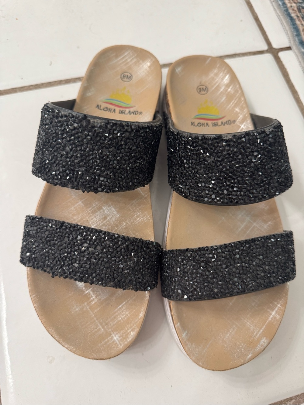 Aloha Island Black Double-Strap Sparkle Slide Sandals